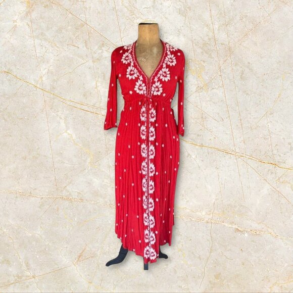 Free People Rock n Roll Red Embroidered Maxi Dress XS (NWT) • Boho Festival Godd - Picture 2 of 8